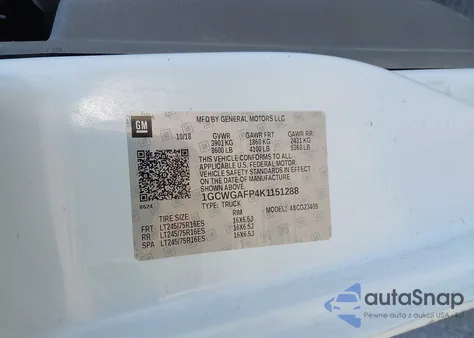 2019 Chevrolet Express 2500 Work Van из США, поврежденный, VIN 1GCWGAFP4K1151288